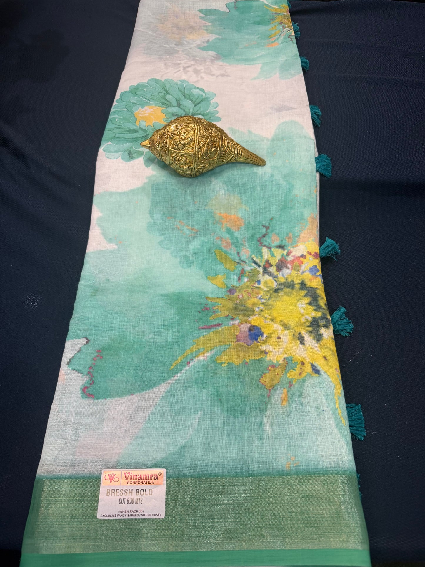 White & Green Digital Printed Linen Sari Indian casual Saree C5