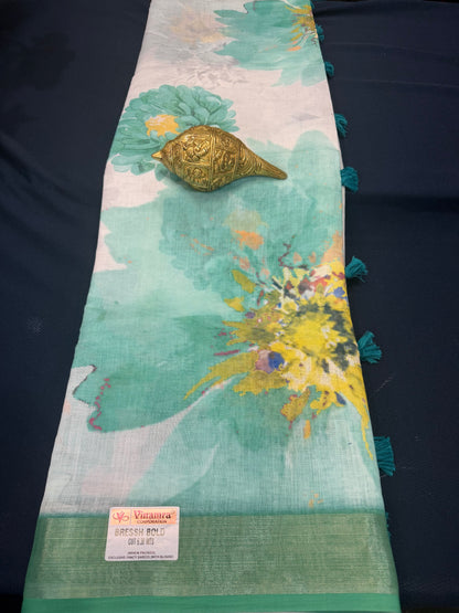 White & Green Digital Printed Linen Sari Indian casual Saree C5