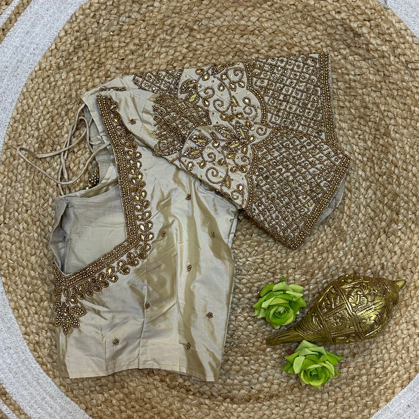 38” M Size 8 Aari Worked Sari Blouse Indian Saree Top Beige B279