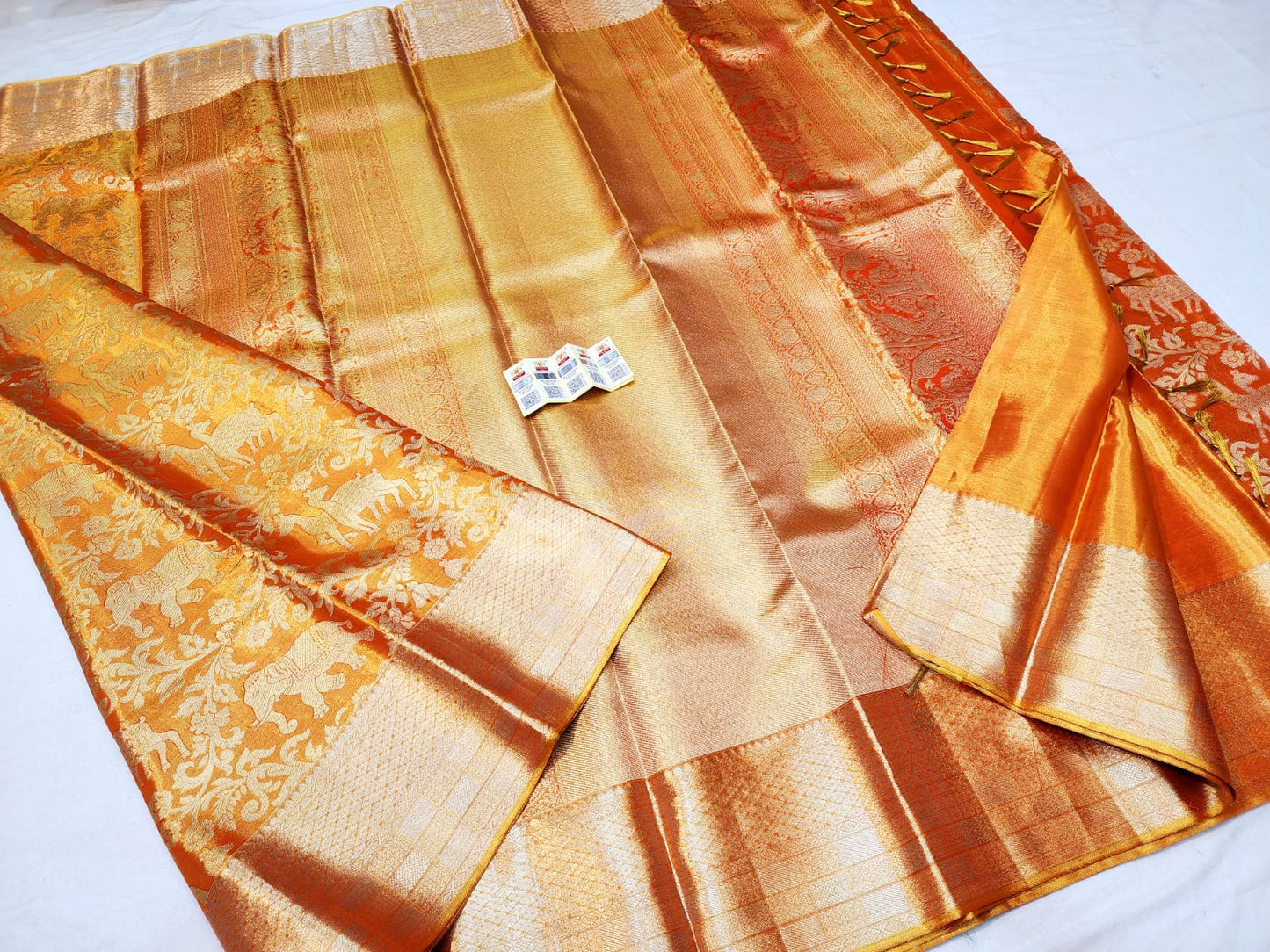 Bridal Tissue Kanchipuram Pure Silk Saree Orangish Gold Kanjivaram Sari| SPK087