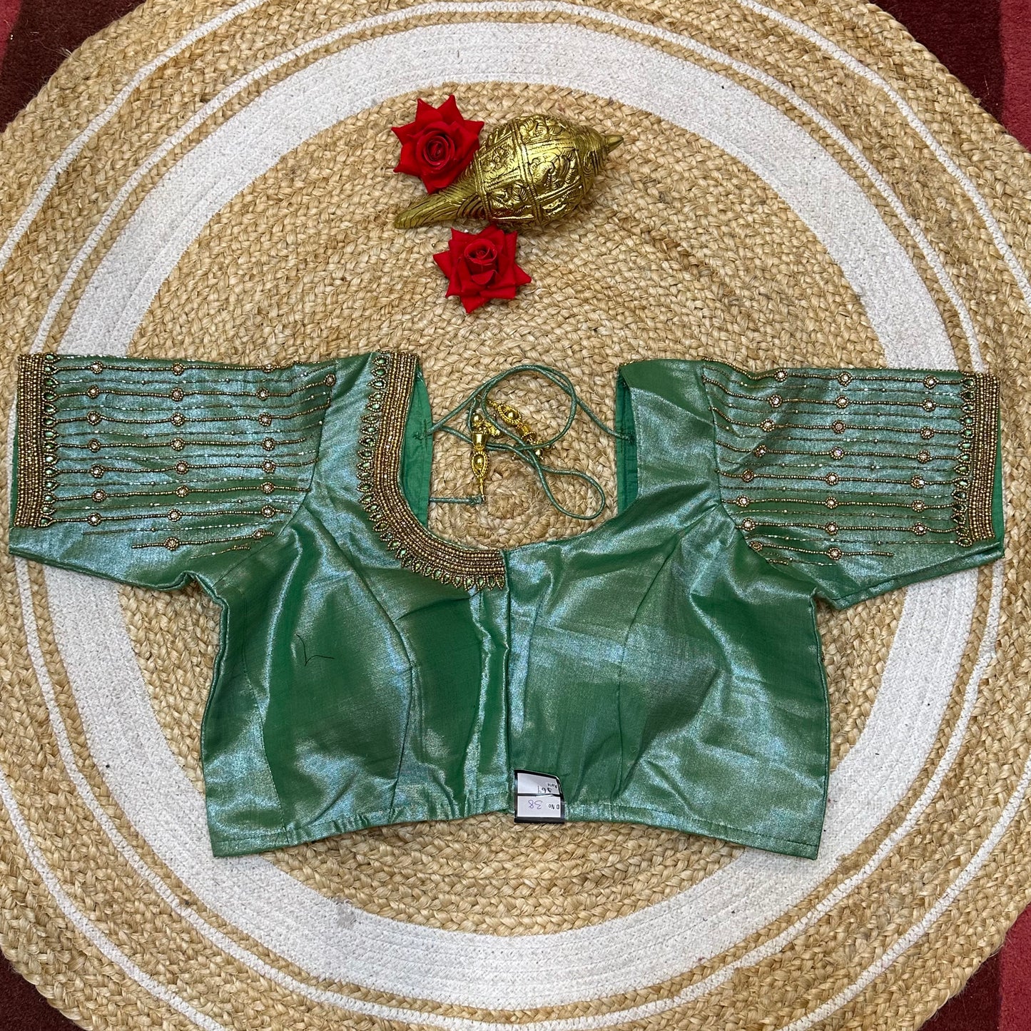 38” M Size 8 Aari Worked Sari Blouse Indian Saree Top Metallic Green B296