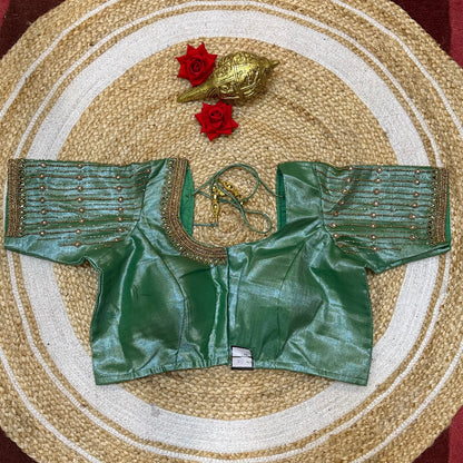 38” M Size 8 Aari Worked Sari Blouse Indian Saree Top Metallic Green B296
