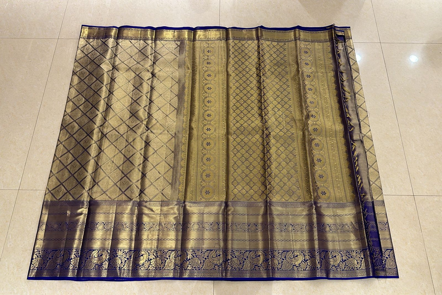 Kanchipuram Tissue Bridal Pure Silk Saree with Gold Zari Blue & Gold Sari| SPK098