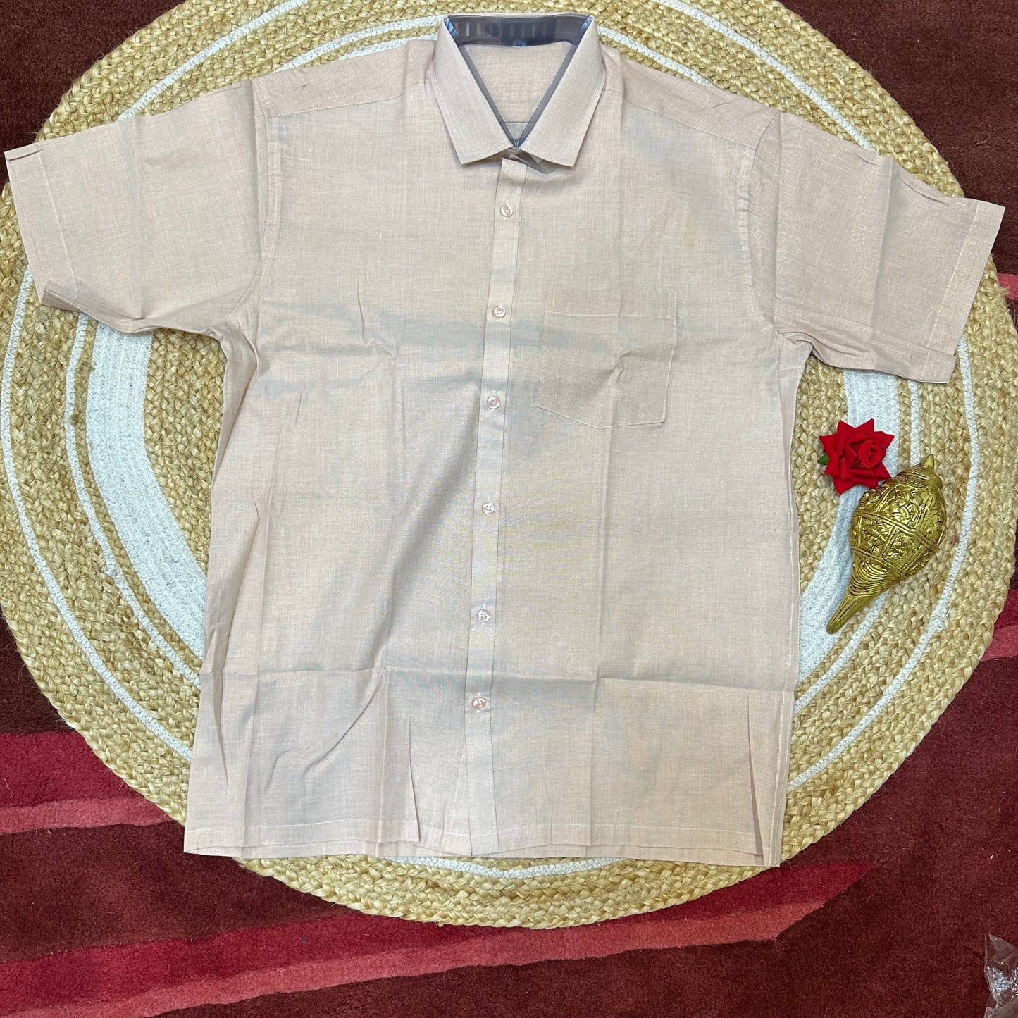 Men’s South Indian Vesti Shirt Combo Rose Gold Copper Tissue Dhotti V11