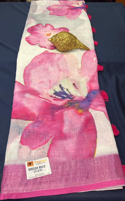 White & Pink Digital Printed Linen Sari Indian casual Saree C5