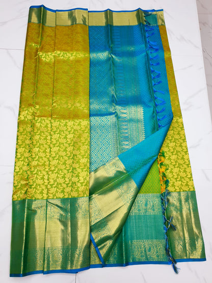 Bridal Kanchipuram Pure Silk Saree Green Blue Kanjivaram Sari| SPK179