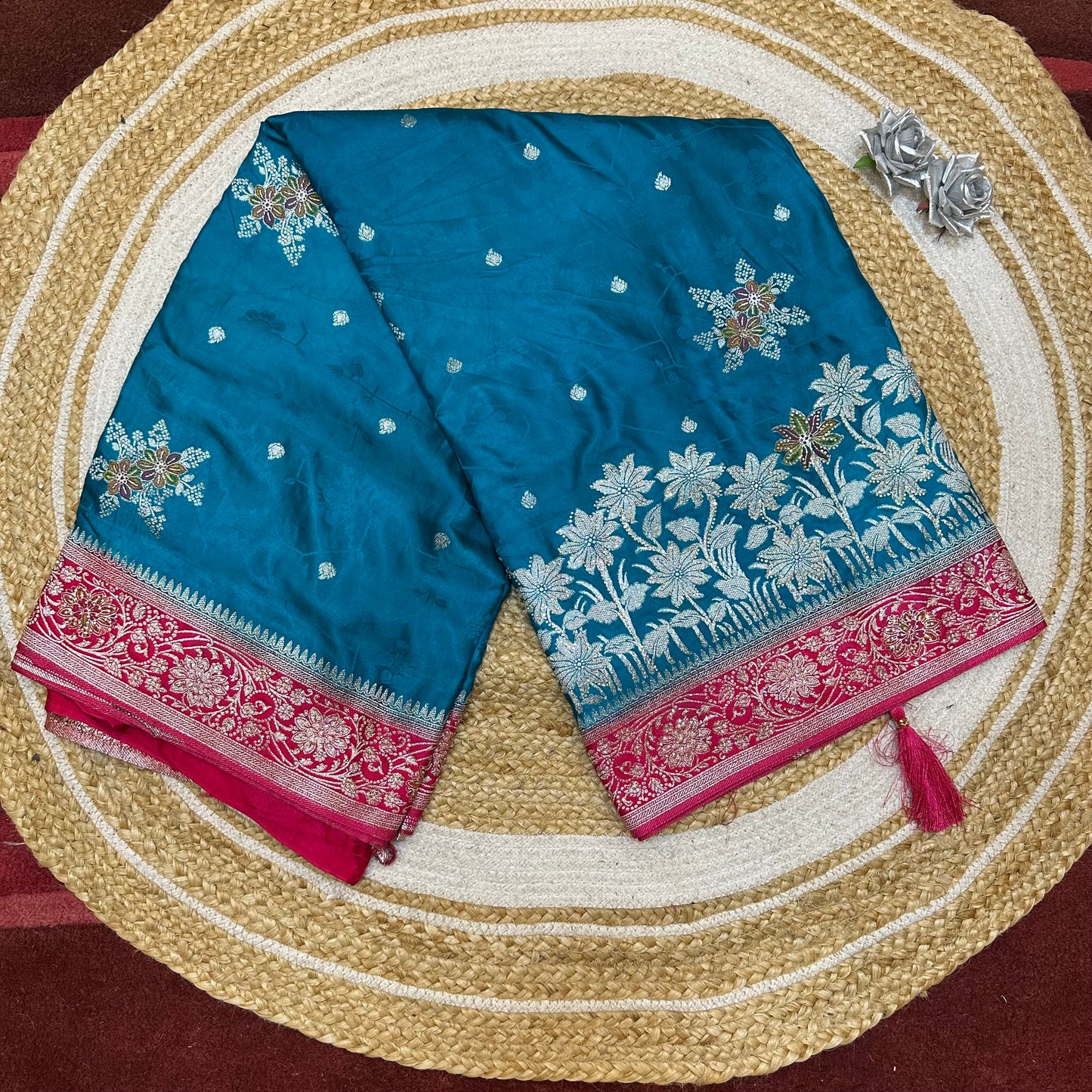 Blue Pink Sari Indian Fancy Stonework Party wear Silk Saree S145