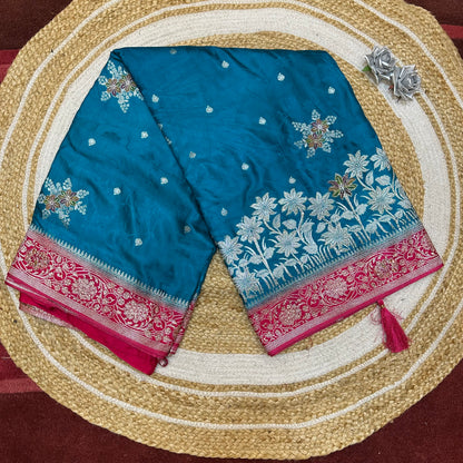 Blue Pink Sari Indian Fancy Stonework Party wear Silk Saree S145