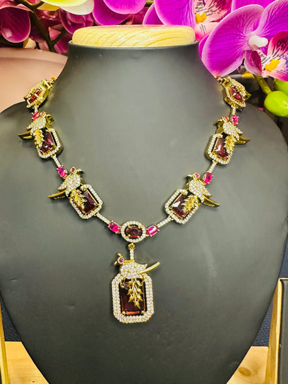 Indian Victorian Polish Peacock Brass Necklace & Earrings Jewellery Set Ruby N75