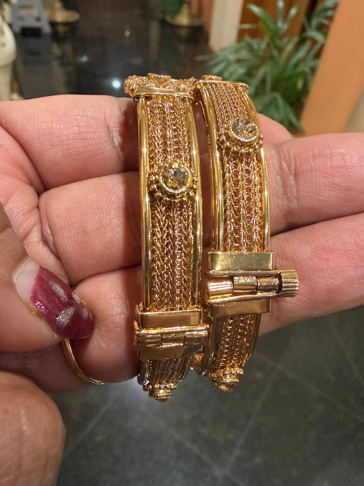 Indian Brass screw Bangles Set Ruby Pink Stones Antique Bracelets B9