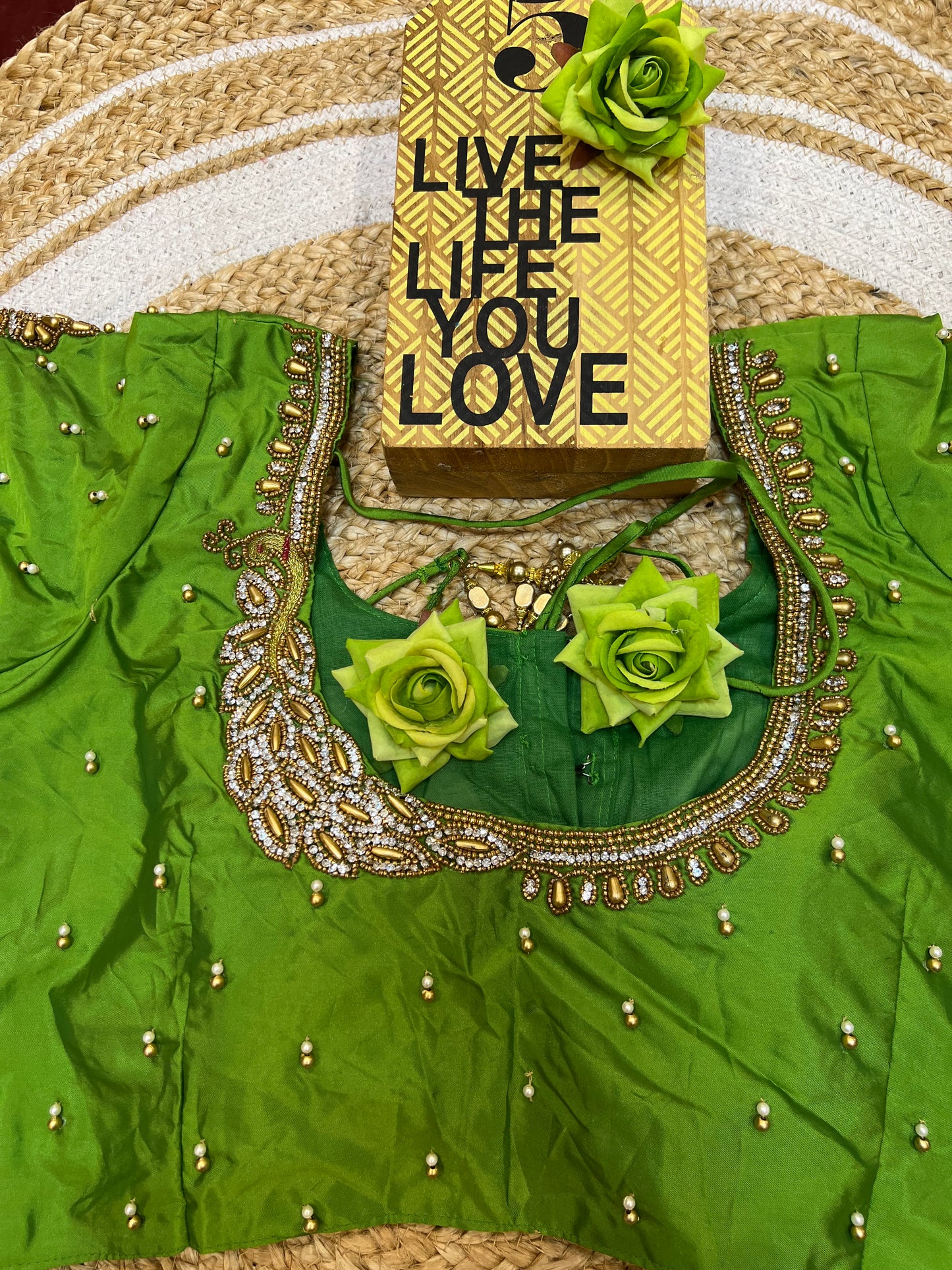 40” Aari hand Worked Sari Blouse Indian Top Choli Silk Green B44