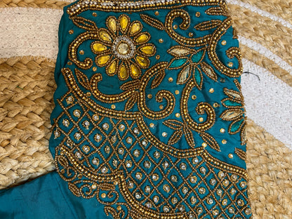 40” Bridal Aari hand Worked Sari Blouse Indian Top Choli Silk Teal Blue B42
