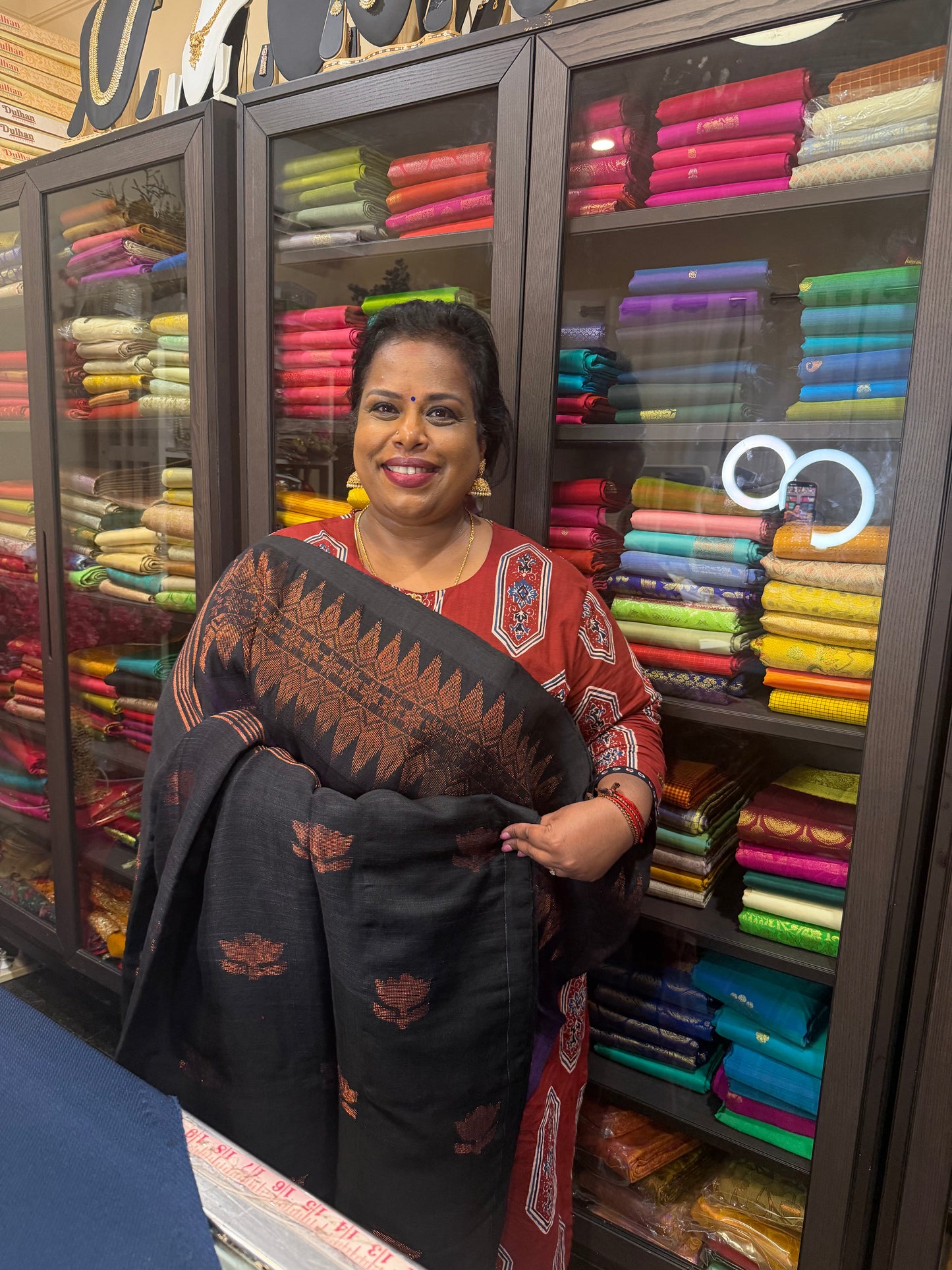 Silk Cotton Linen Sari Indian Saree Copper Jari Green Black S128