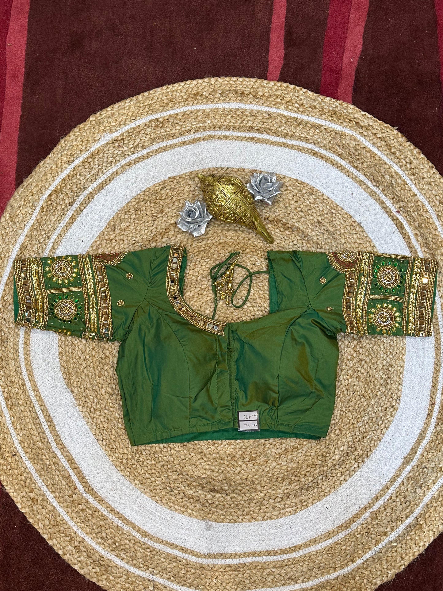 34” XSmall Aari Worked Sari Blouse Indian Saree Top Silk Green B114