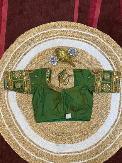34” XSmall Aari Worked Sari Blouse Indian Saree Top Silk Green B114