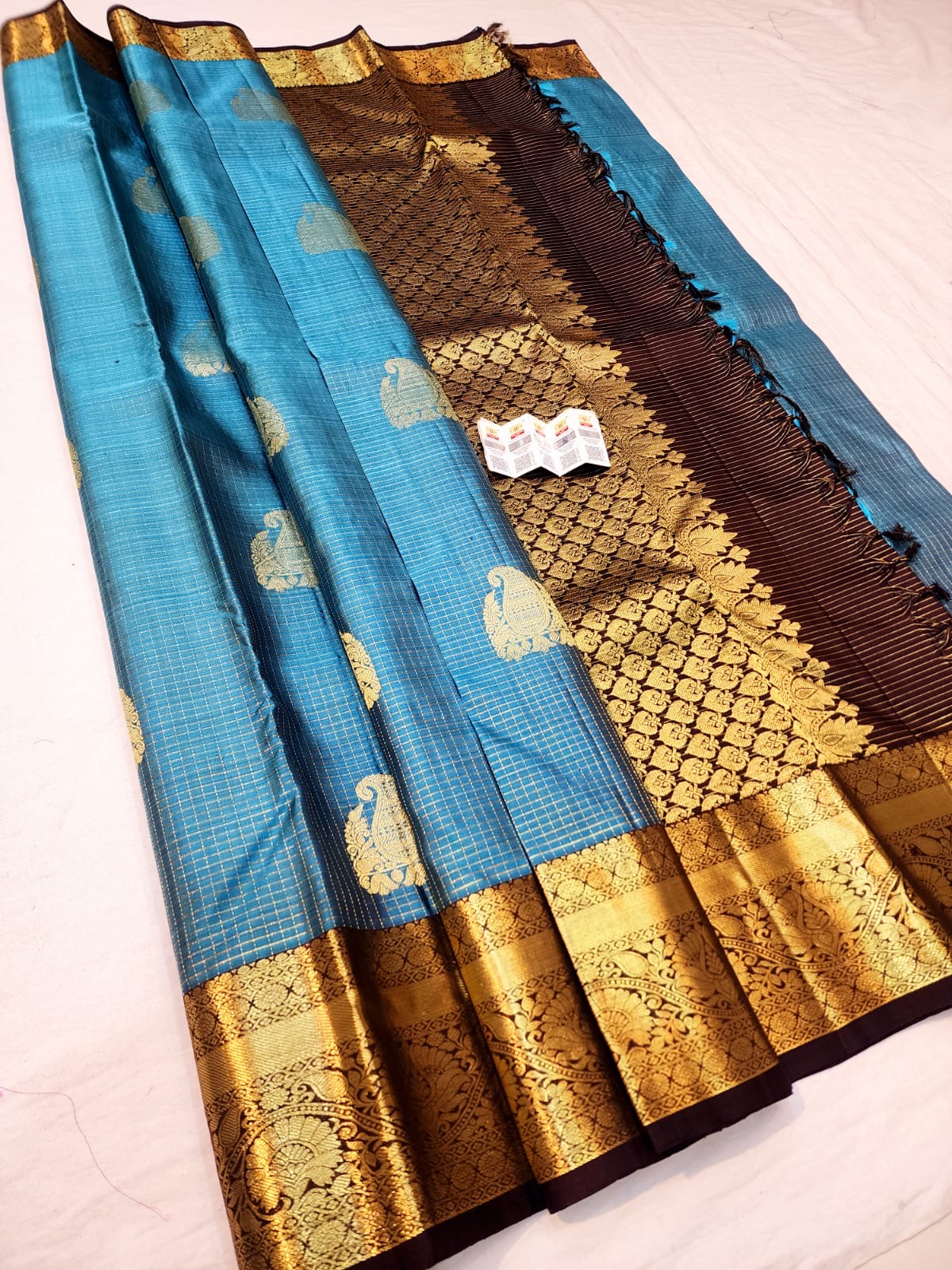 Kanchipuram Pure Silk Saree Bridal Blue Checkered Kanjivaram Sari SPK256