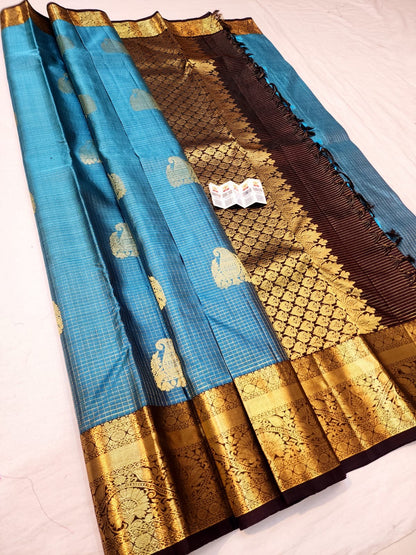 Kanchipuram Pure Silk Saree Bridal Blue Checkered Kanjivaram Sari SPK256