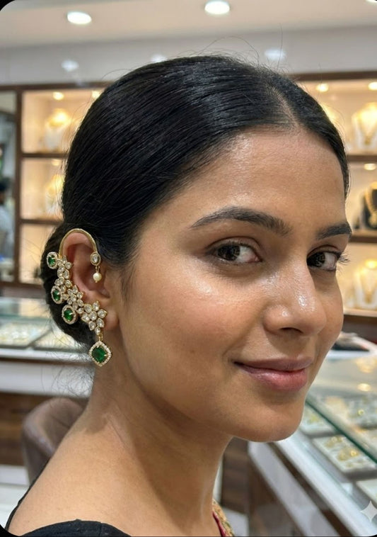 Victorian Polish Indian Jewellery Cuff Earrings Jumka with Zircon stones E9