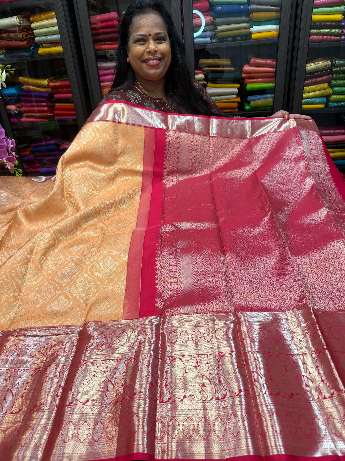 Bridal Kanchipuram Peach Pink Pure Silk Saree Kanjivaram Sari SPK420