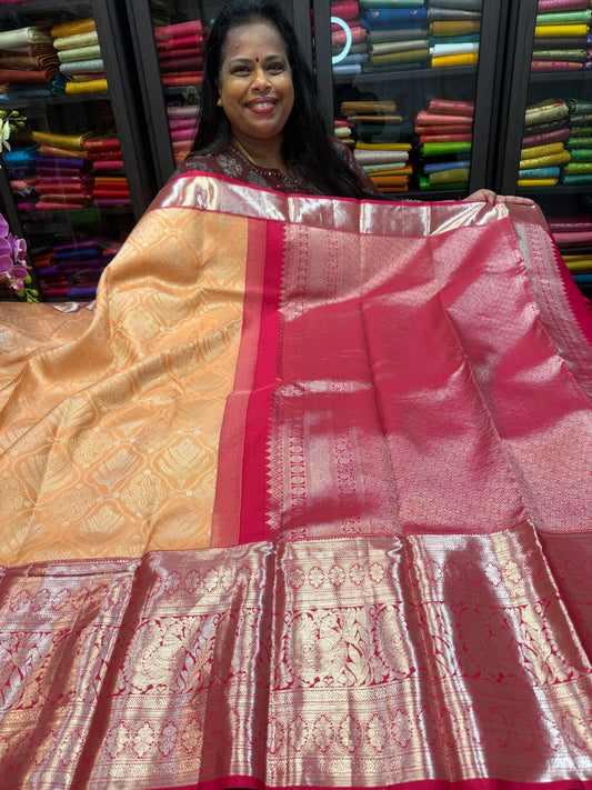 Bridal Kanchipuram Peach Pink Pure Silk Saree Kanjivaram Sari SPK420