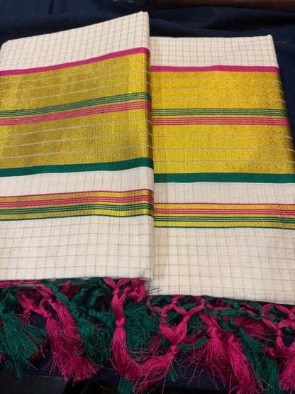 Kerala Vishu Sari Indian hand Printed Kasavu Onam Saree C36 Col 6