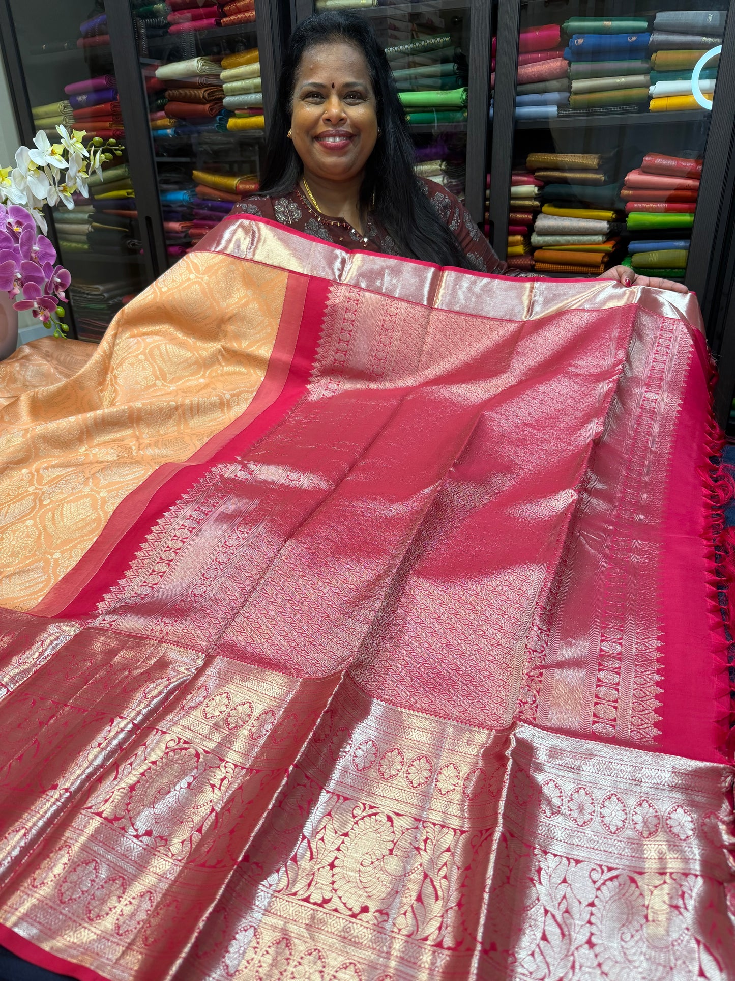 Bridal Kanchipuram Peach Pink Pure Silk Saree Kanjivaram Sari SPK420