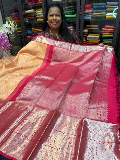 Bridal Kanchipuram Peach Pink Pure Silk Saree Kanjivaram Sari SPK420