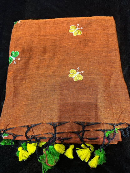 Khadi Soft Cotton Linen Sari Indian Saree Rusty Orange S59