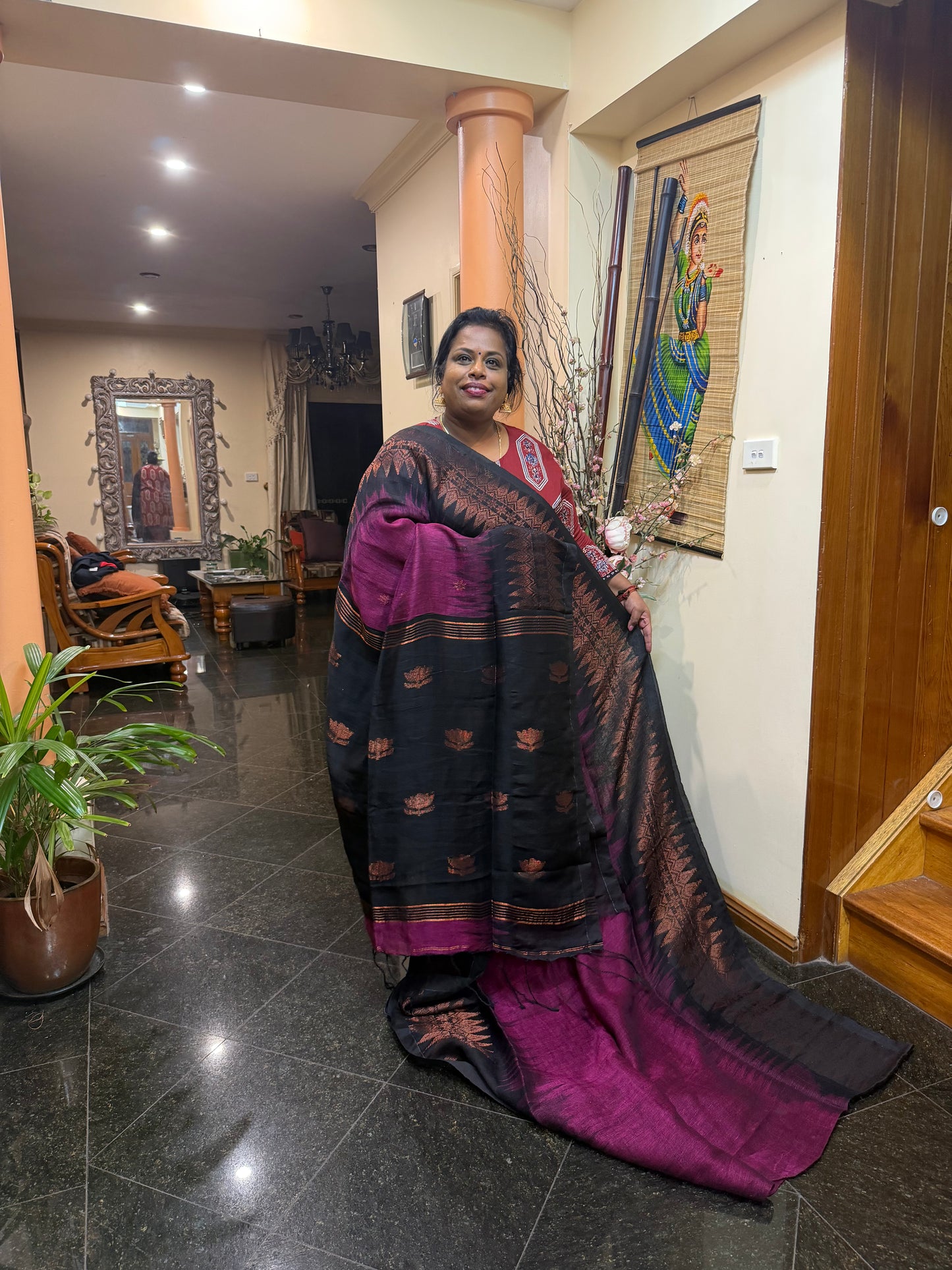 Silk Cotton Linen Sari Indian Saree Copper Jari Mehendi Green Black S127