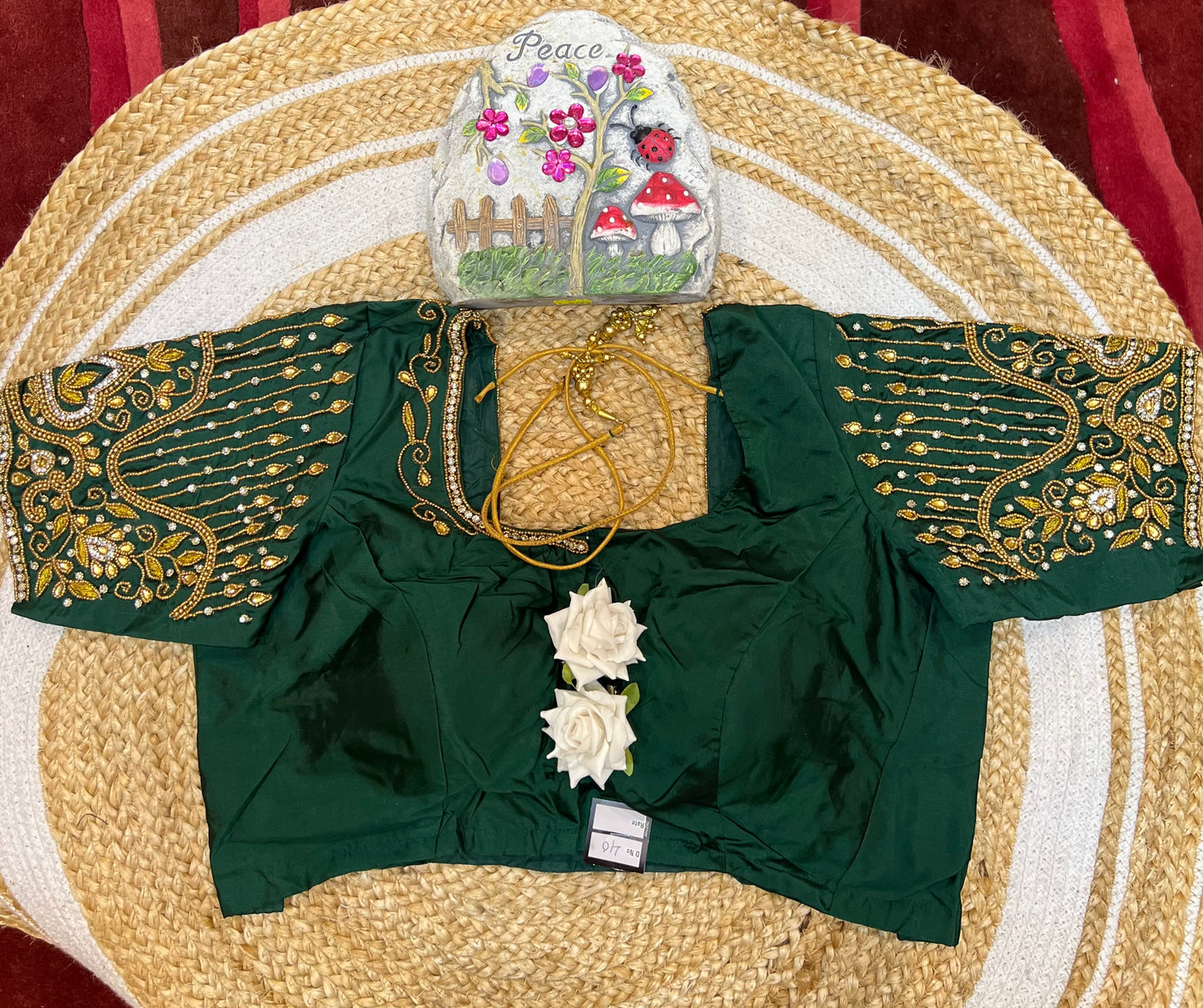 40” Aari hand Worked Sari Blouse Indian Top Choli Silk Green B25