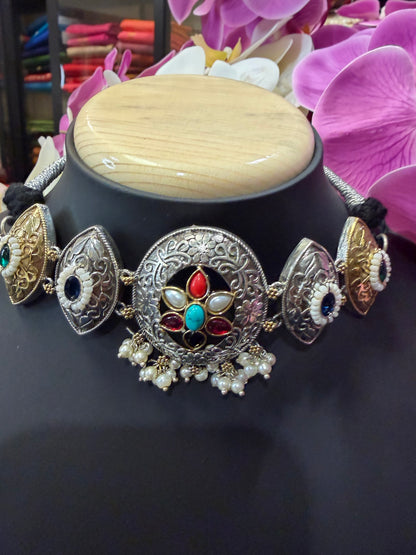 Handmade Brass Necklace with Silver polish Indian Tribal Multi Jewellery N93
