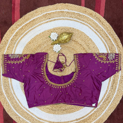 46” Size 16 Aari Worked Sari Blouse Indian Saree Top Silk Dark Purple B224