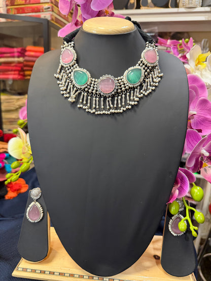 Handmade Brass Necklace with Silver polish Indian Tribal Pink Green Jewellery N98