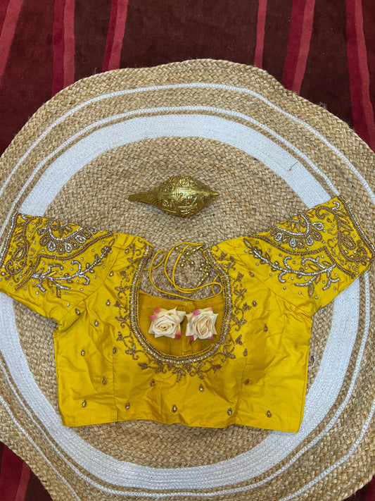 40” Aari hand Worked Sari Blouse Indian Top Choli Silk Yellow B24