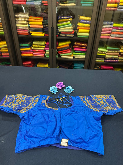 40” Aari hand Worked Sari Blouse Indian Top Choli Silk Blue B4