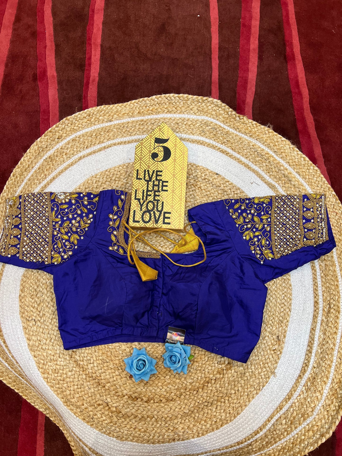 40” Aari hand Worked Sari Blouse Indian Top Choli Silk Royal Blue B33