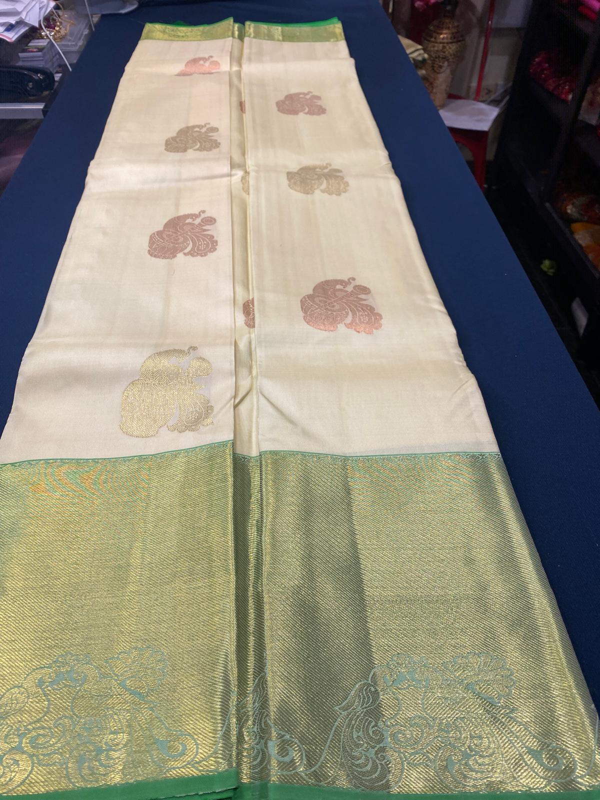 Kanchipuram Pure Silk Saree Cream & Green Kanjivaram Sari| SPK133