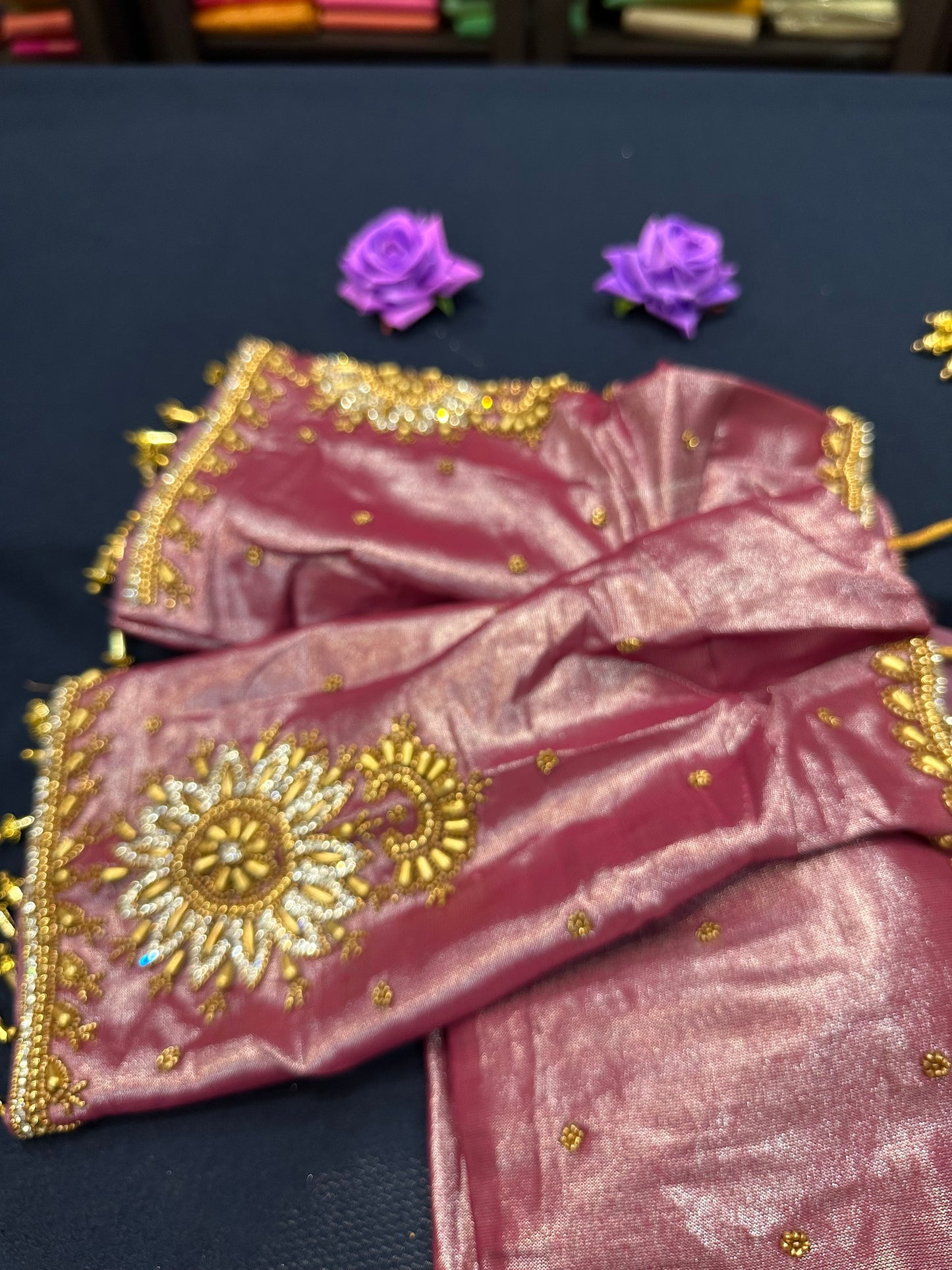 40” Aari hand Worked Sari Blouse Indian Top Choli Silk Onion Pink B3