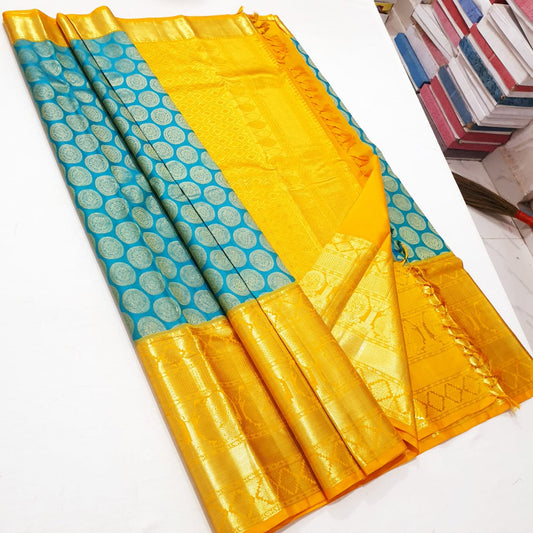 Bridal Kanchipuram Pure Silk Saree Bluish Green & Yellow Kanjivaram Sari| SPK158
