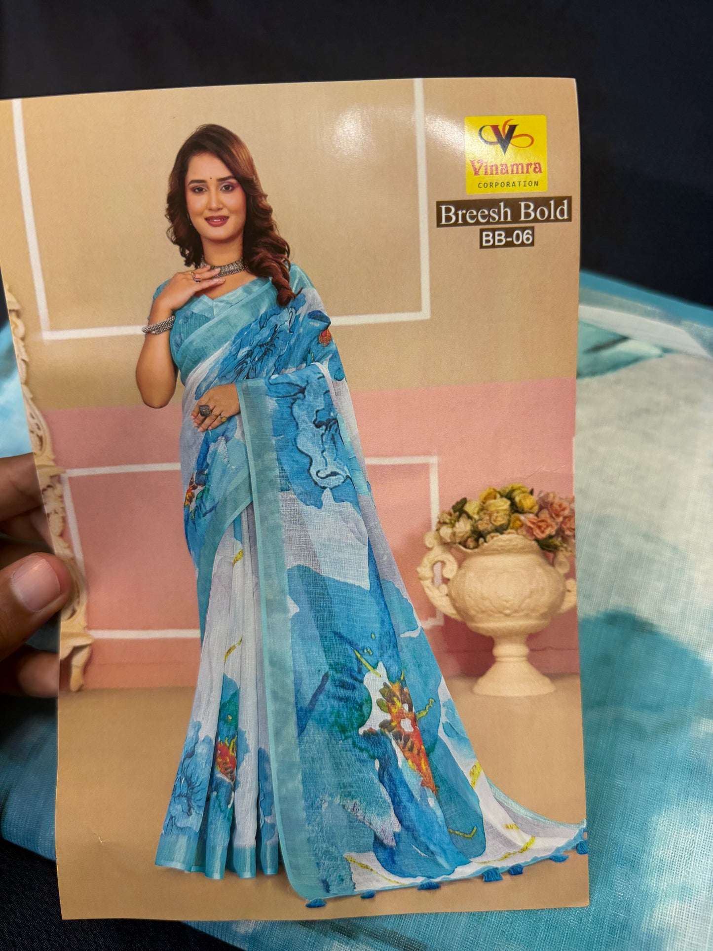 White & Green Digital Printed Linen Sari Indian casual Saree C5