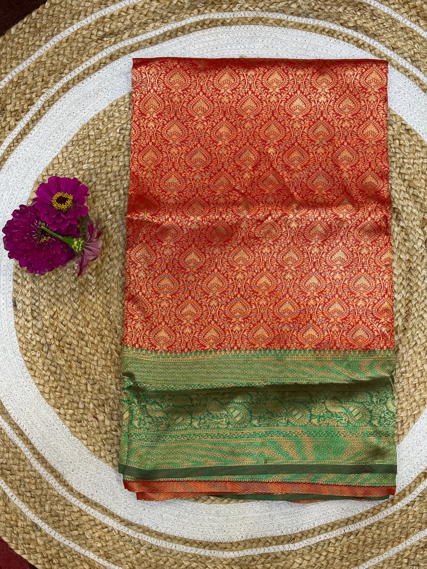 Art Silk Sari Indian Fancy Saree Red & Green S74