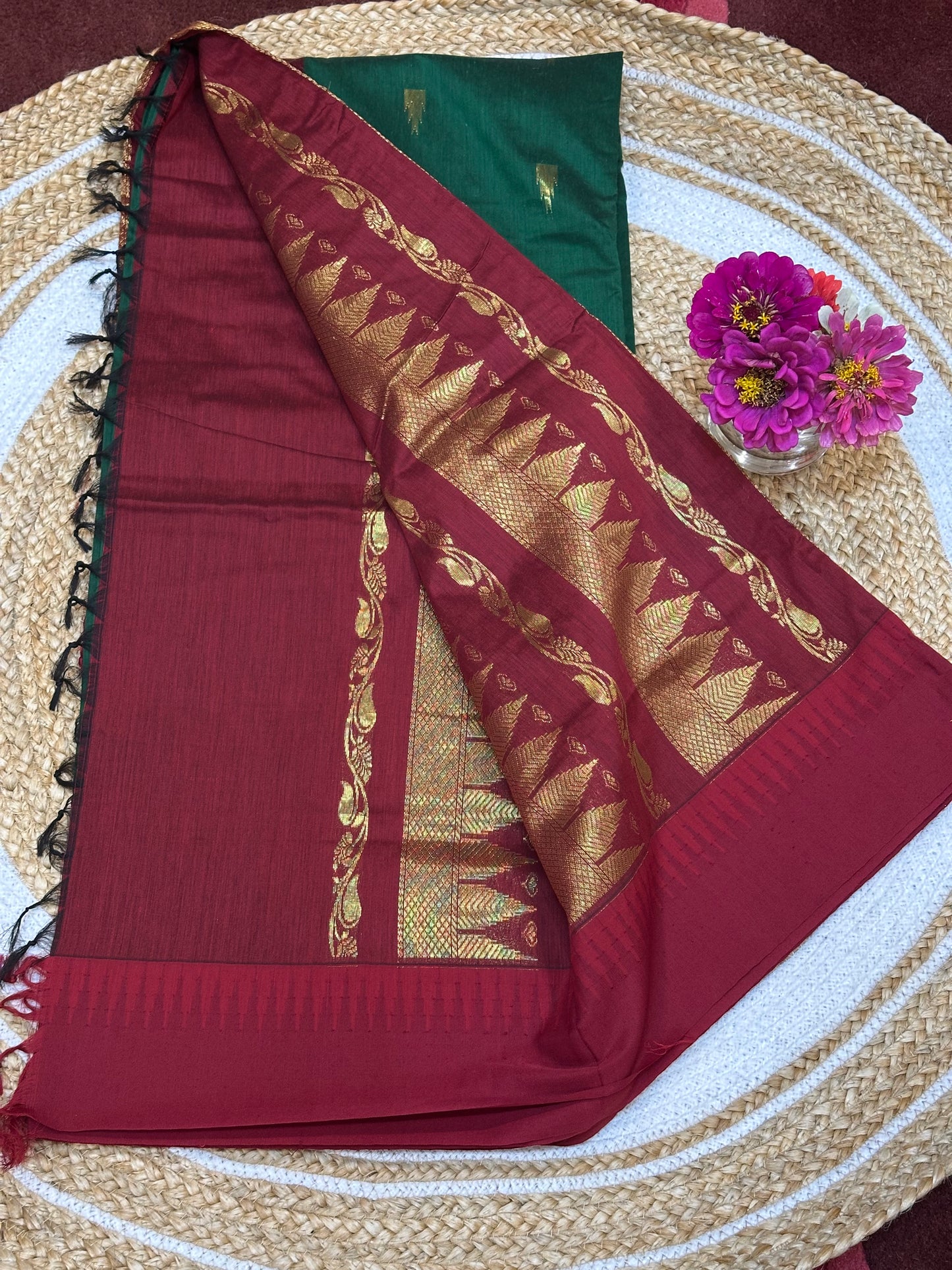 Kalyani Silk Cotton Sari Indian Saree Green Maroon S4