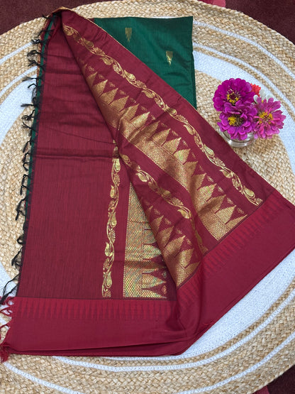 Kalyani Silk Cotton Sari Indian Saree Green Maroon S4