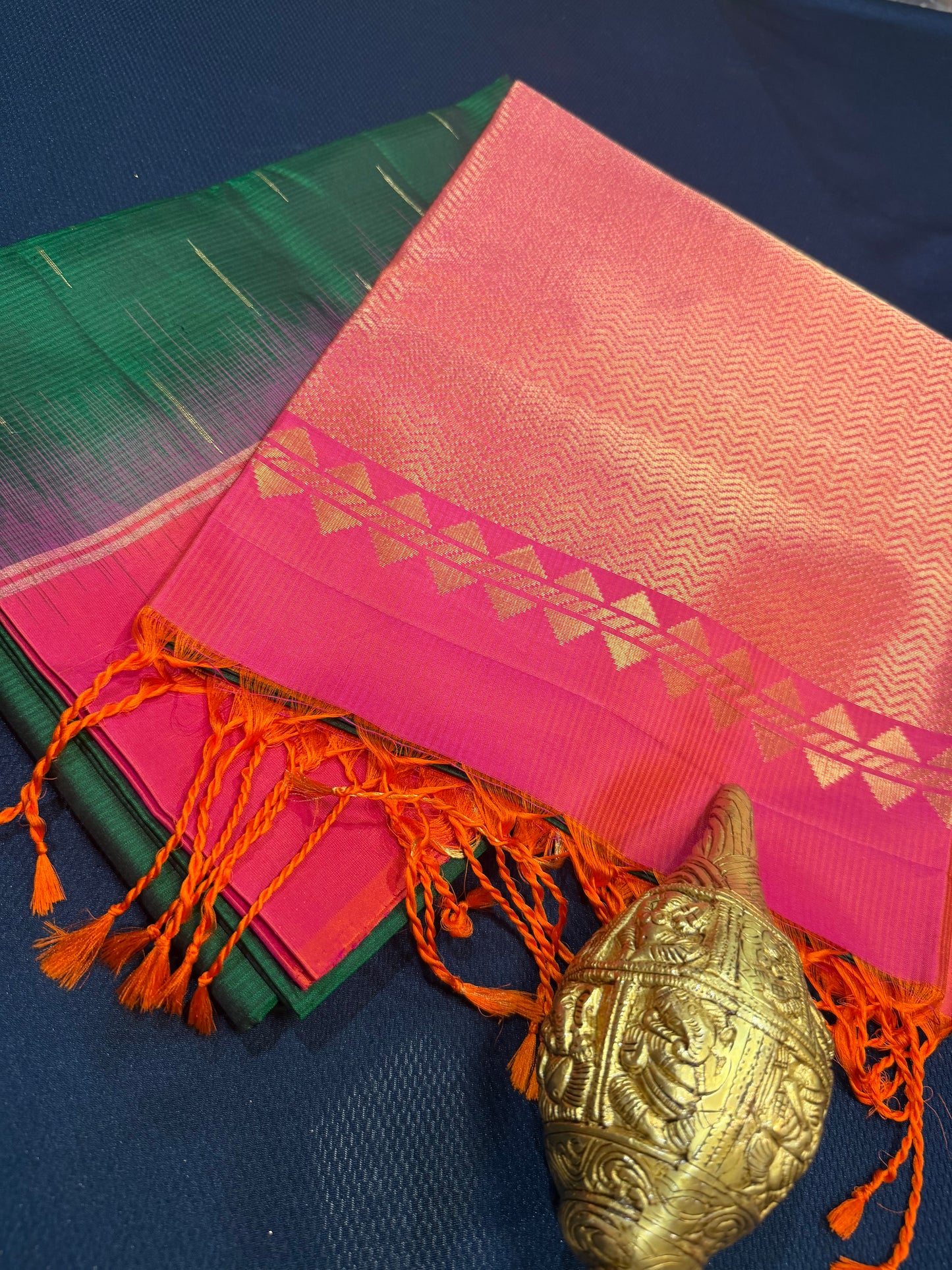 Kanchipuram Soft Silk Saree Pure Silk Sari Green Orange Colour | SS2