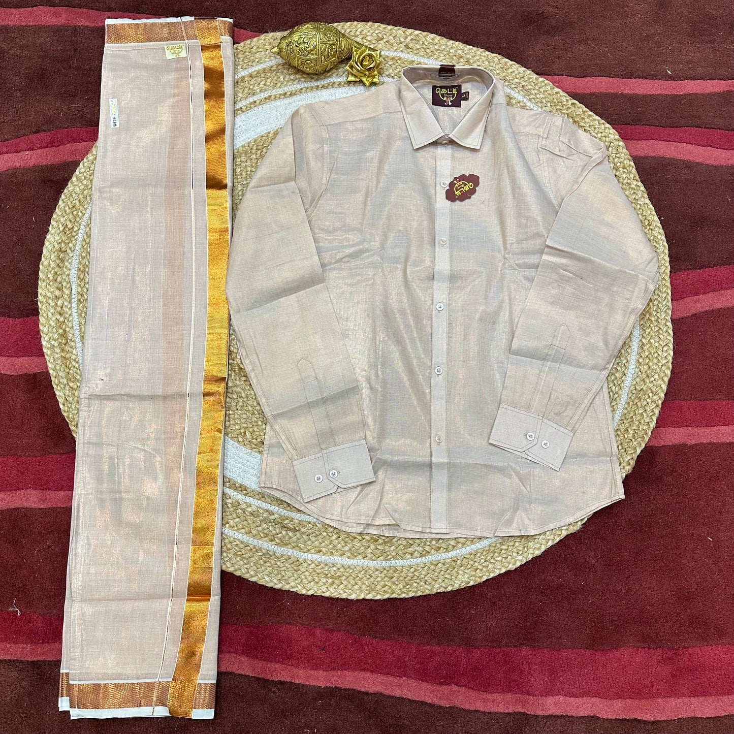 Men’s South Indian Vesti Shirt Combo Rose gold Copper Tissue Dhotti V12