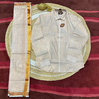 Men’s South Indian Vesti Shirt Combo Rose gold Copper Tissue Dhotti V12