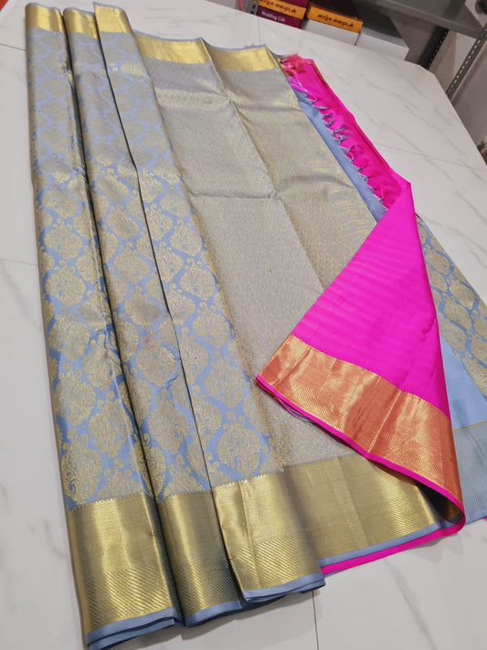 Bridal Kanchipuram Pure Silk Saree Grey & Pink Kanjivaram Sari| SPK132