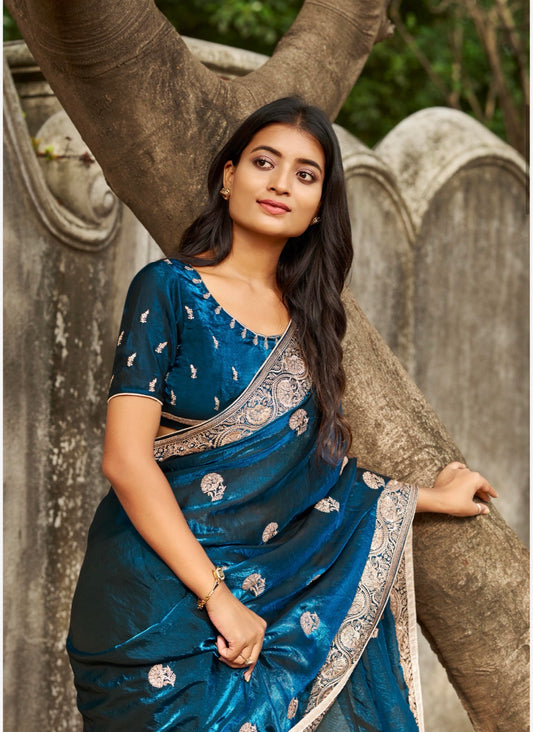Blue Indian Fancy Party wear Saree Fendi Silk Bollywood Sari C32