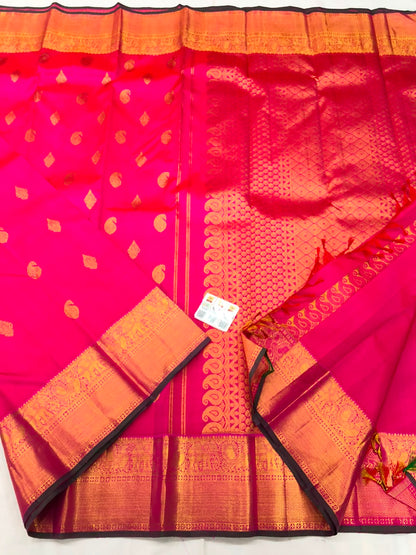 2g Gold Kanchipuram Pure Silk Saree Bridal Handloom Indian Kanjivaram Sari Pink SPK350