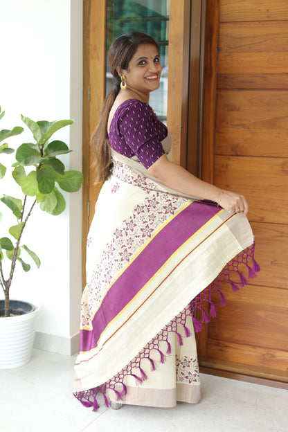 Maroon Kerala Vishu Sari Indian Premium Cream Saree C7